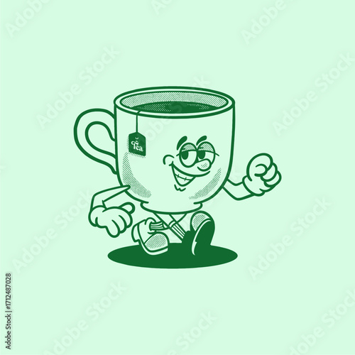 tea cup with tea bag retro cartoon character mascot illustration with happy face for herbal product, plantation, grocery, health food, cafes mascots and merchandise. groovy, vector, editable, icon