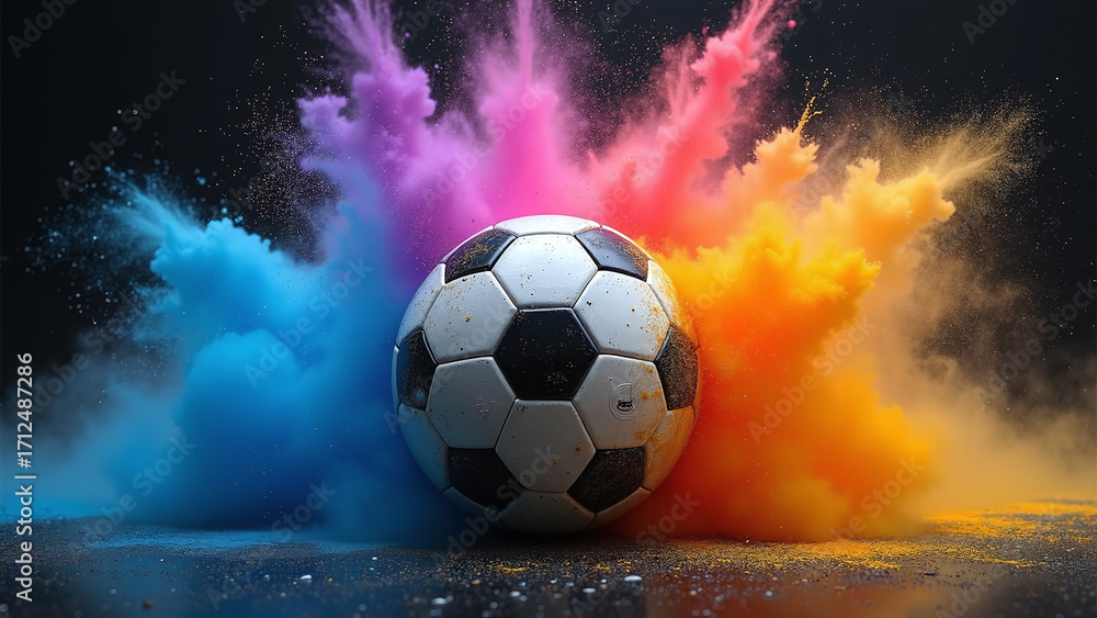 Fototapeta premium Soccer ball detonates in multicolor powder—blue, pink, purple, orange, yellow burst in radiant crescendo.
