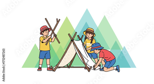 Children Eagerly Constructing Tent, Camping, And Exploring Outdoors Together And Happily Playing