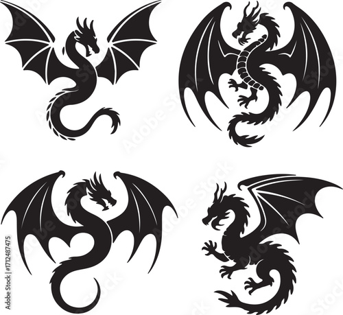 Dragon Silhouette. Dragon Crest Wings great set collection, dragon tattoo designs, Black vector illustration on white background .