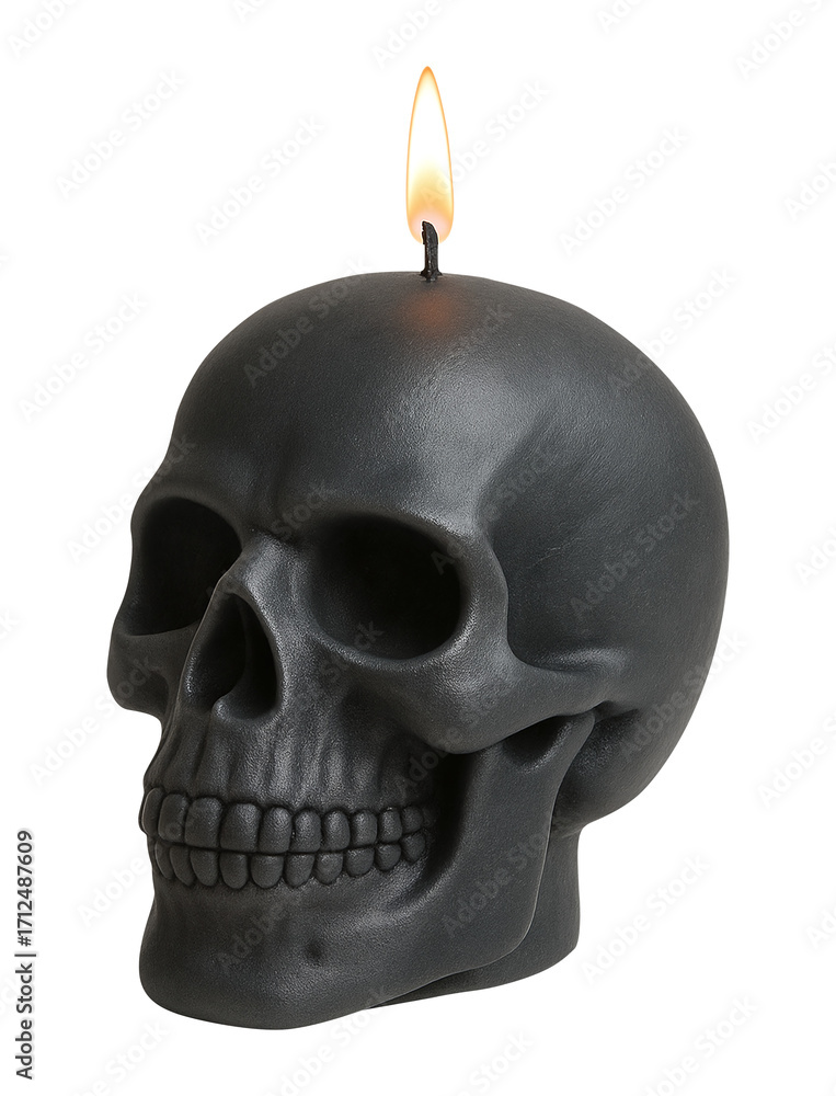 Obraz premium Black candle shaped like a human skull with a lit flame, ideal for Halloween or gothic interior decor.
