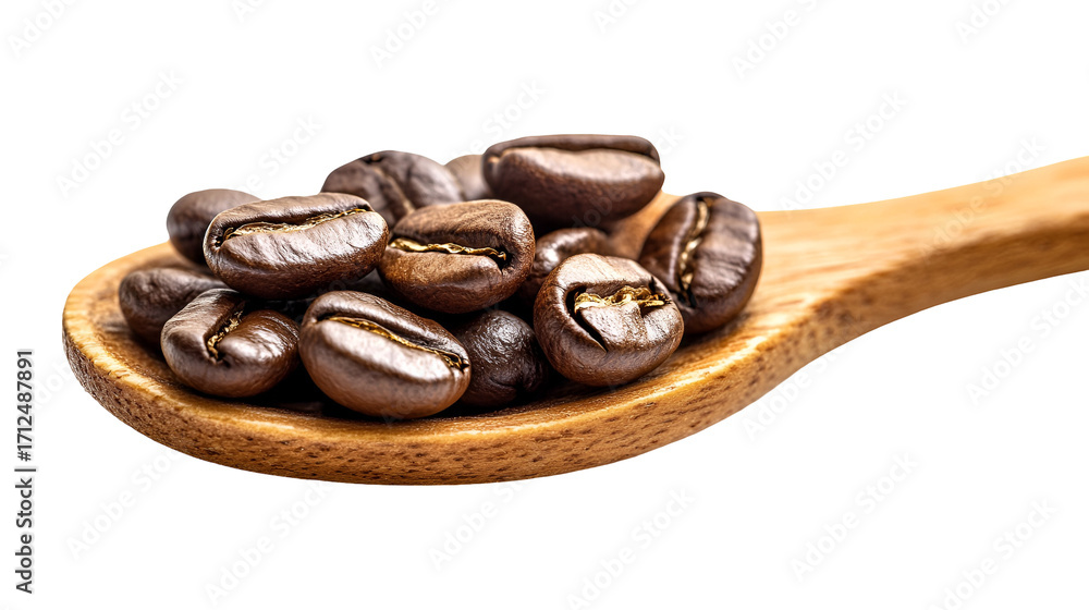 Fototapeta premium Detailed Shot of Roasted Coffee Beans on a Wooden Spoon with a Clear Transparent Background for Easy Use
