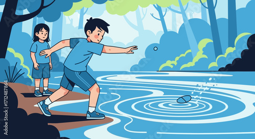 Children Engage In A Fun Pastime Of Stone Skipping On A Peaceful Waterscape Setting