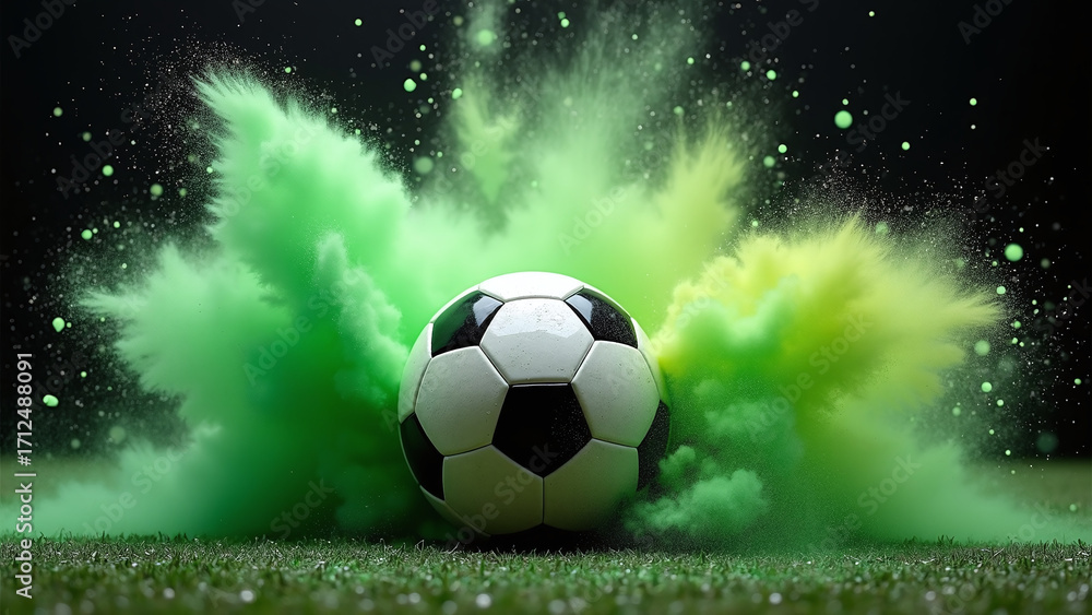Fototapeta premium Soccer ball erupts in green-yellow powder—vibrant burst ignites motion, contrast, and sportive energy. 