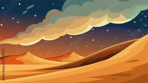 A sandstorm brewing on the horizon its fury contrasted by the peacefulness of the starlit sky above.