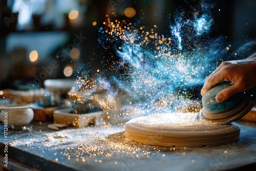 Magical Artistry in Progress: Captivating Moment of a Craftsman Shaping Clay with Glittering Particles Illuminating the Workshop Atmosphere
