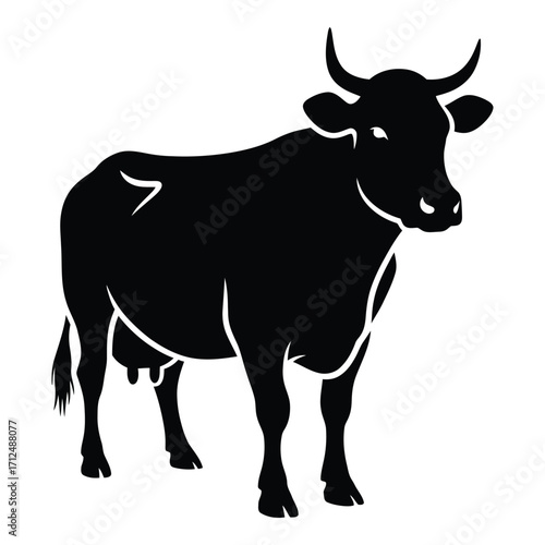 Silhouette of a black cow with horns and udder standing full body view silhouette