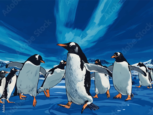 Penguins on winter holidays walking on the floes (blocks of ice) covered with snow against the mountain landscape under the night sky with cirrus clouds or Northern lights; a comics-style vector.