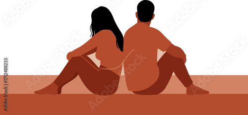 Silhouette of a couple sitting backtoback, conveying a sense of separation, introspection, and complex relationship dynamics in a simple design