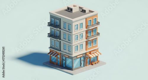 Charming threestory building with a delightful blend of residential and commercial spaces, showcasing architectural detail and urban living
