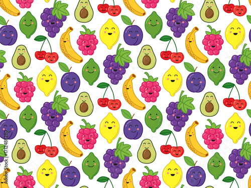 Seamless pattern with funny smiling fruits. Bright background of raspberries, lemons, bananas, grapes, plums, limes, cherries, avocados