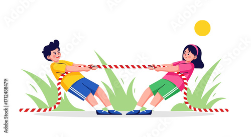Children Engaging In Energetic Tug Of War Game Under Sunny Sky Outdoors Competition