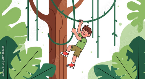 Boy Swinging On Vines In A Lush Jungle Environment, Illustration Of Adventure