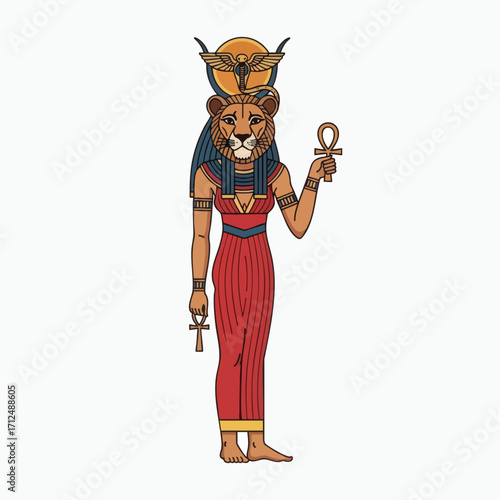 Ancient Egyptian Goddess Sekhmet with Lion Head and Ankh Symbol.