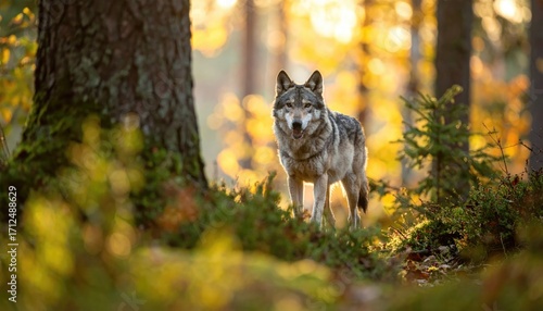 Majestic Gray Wolf Standing in Autumn Forest with Golden Sunlight Filtering Through Trees and Lush Green Undergrowth in a Natural Habitat
