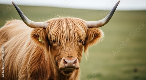 Close-up of a Hairy Brown Highland Cow with Long Horns Standing in a Green Field