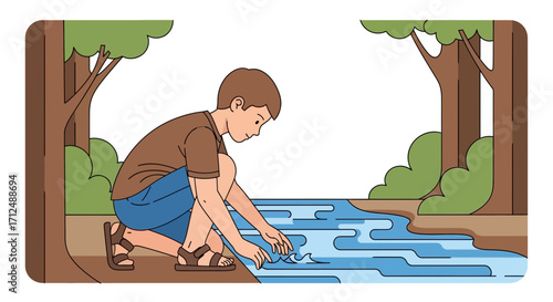 Boy Touching Surface Of Water Near Trees Representing Nature’s Intrinsic Beauty