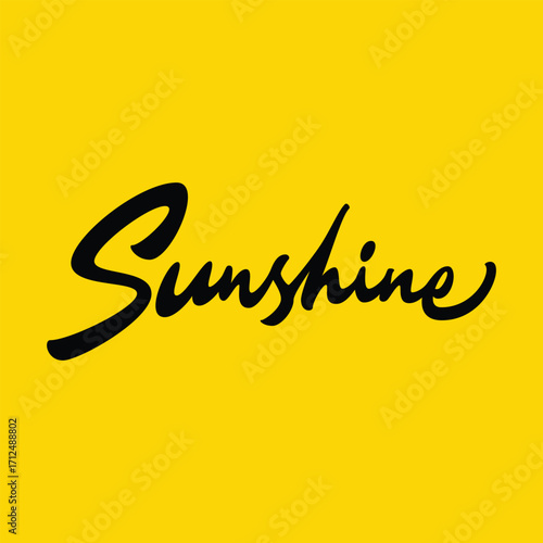 Hand-drawn lettering word “Sunshine” in modern script style on a bright yellow background. Summer, positive, retro design for t-shirt, poster, logo, and decoration. EPS vector file