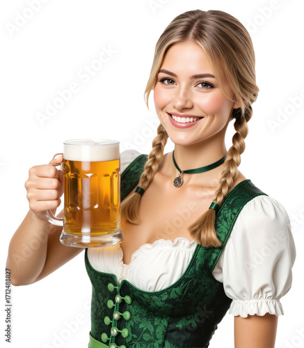Traditional Bavarian Beer Costume – Cheerful Woman in Dirndl with Frothy Beer Mug for Oktoberfest Celebrations and Cultural Events