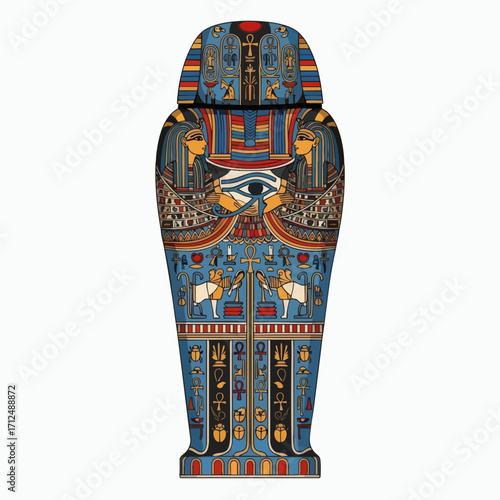 Ancient Egyptian Sarcophagus with Intricate Hieroglyphic Decorations.