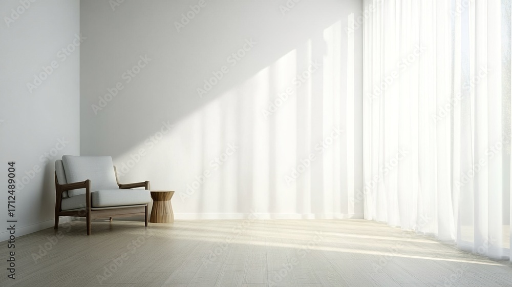 Fototapeta premium armchair. A serene minimalist living space with an armchair and natural light, evoking calmness. lifestyle magazines.