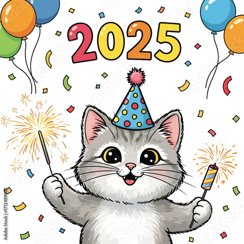 Cute cat celebrating the new year 2025 with sparklers and balloons