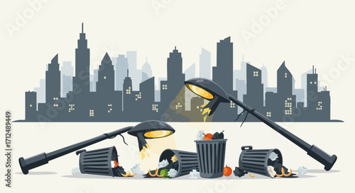 Broken Streetlights and Trash Cans in a Cityscape.
