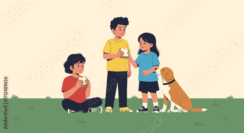 Children Enjoying A Picnic With Their Loyal Companion On A Sunny Day Outing
