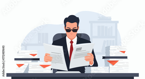 Businessman in Sunglasses Reading Documents at Desk with Stacks of Paper.