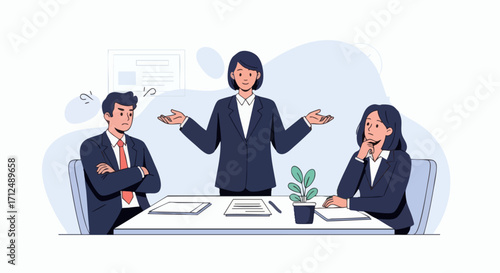 Businesswoman mediating conflict between two colleagues in a meeting.