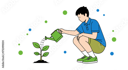 Boy Watering Young Plant, Nurturing Growth, Cultivating Nature, Conservation Activity Vector