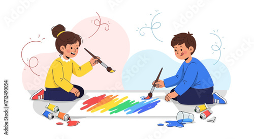 Children Enjoying Artistic Recreation Through Painting with Vivid Colors on White Paper