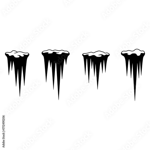Collection of four monochrome icicle vector icons with snow caps, isolated for winter themed graphic design
