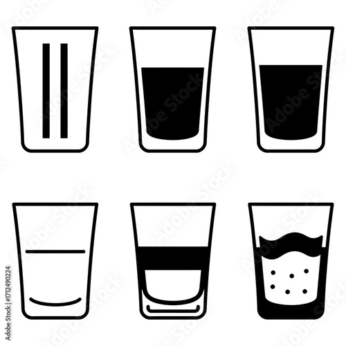 Collection of Six Different Glassware Illustrations Empty, Half-Full, and Full Shots