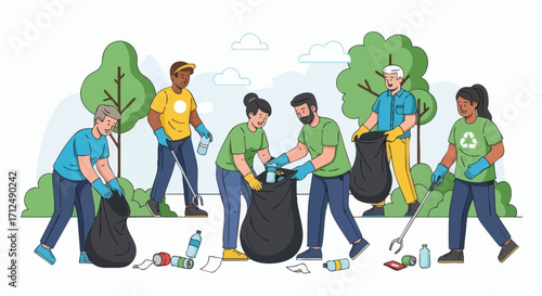 Diverse Group of Volunteers Cleaning Up Park Environment.