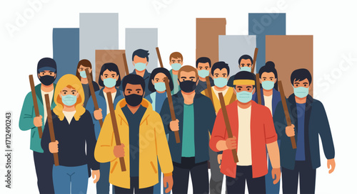 Diverse group of people wearing face masks walking together in an urban setting.