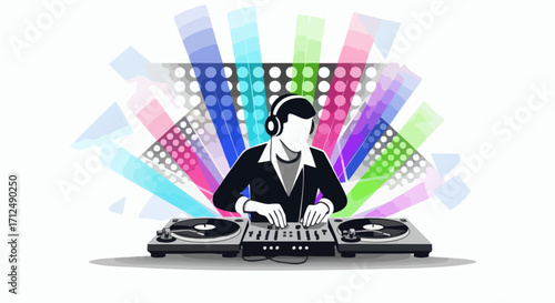 DJ playing music at a party with colorful lights.