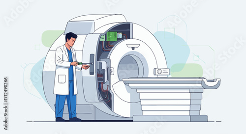 Doctor Operating MRI Machine for Medical Diagnosis.