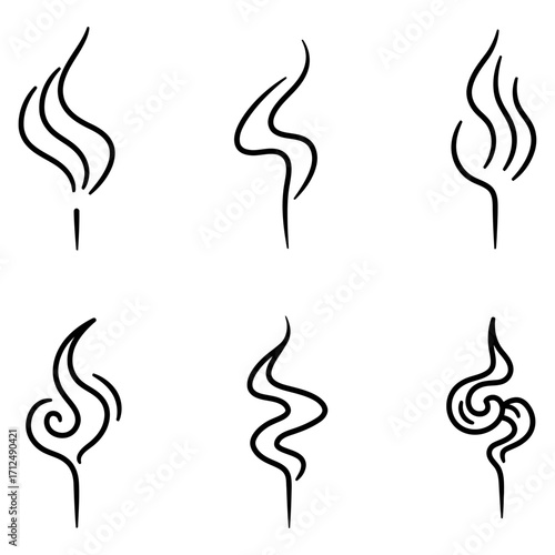 A curated collection of six minimalist black line art vector icons depicting smoke, steam, and odor