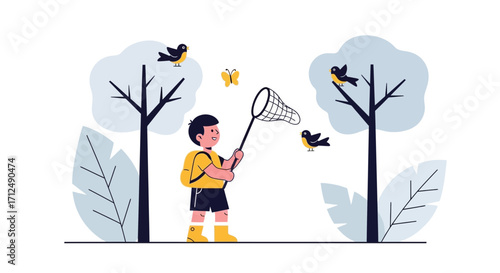 Boy With Net Exploring Nature, Chasing Birds And Butterflies In A Playful Environment