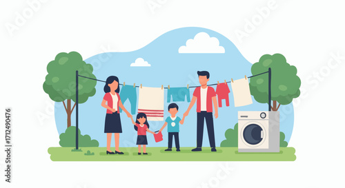 Family doing laundry outdoors with washing machine and clothesline.