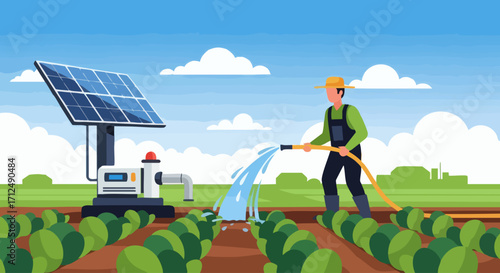 Farmer watering crops with solar powered irrigation system in a field.