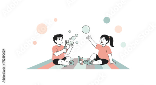 Children Enjoying Game Together with Soap Bubbles In Bright Colors and Simple Design