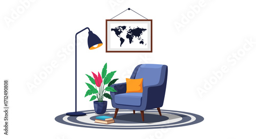 Cozy armchair with a floor lamp and potted plant.