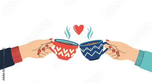 Two hands holding cups of coffee with heart symbol.