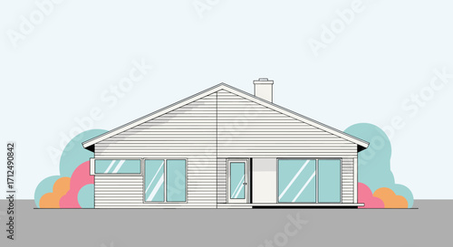 Modern Ranch Style House Exterior with Landscaping.