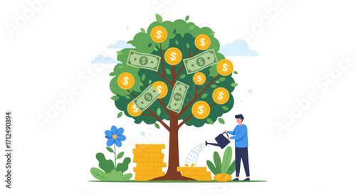 Money Tree Growing Coins and Bills with Person Watering.