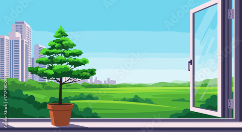 Potted Evergreen Tree View From Open Window Cityscape Green Field.