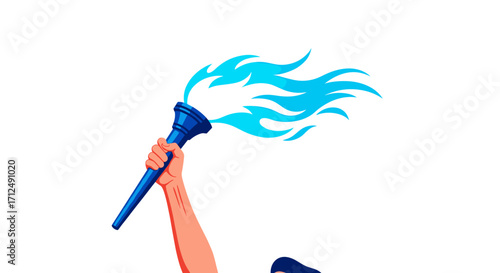 Hand holding a torch with blue flames.