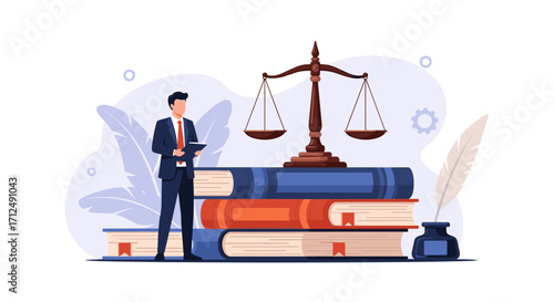 Lawyer Standing Next to Stack of Books and Scales of Justice.